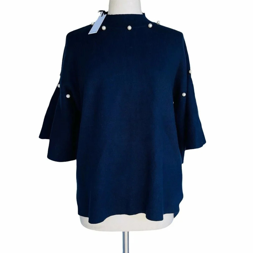 BLVD Women’s Size M Navy Blue Mock Neck Pearl Trim Bell Sleeves Sweater